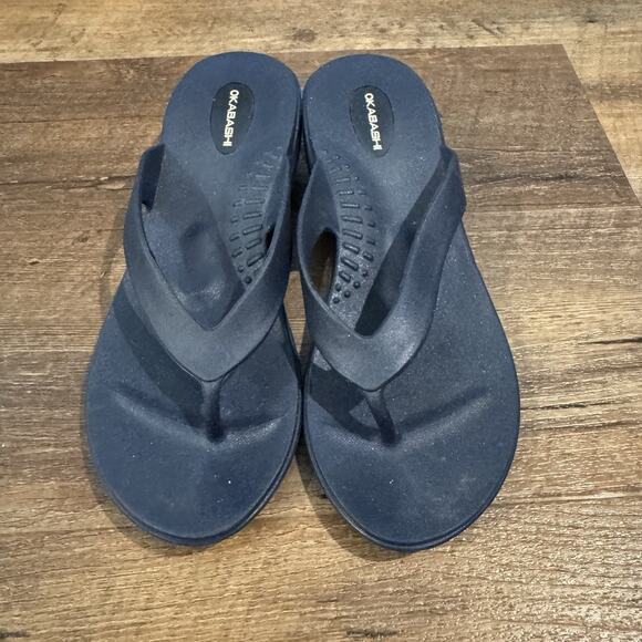 OKABASHI Breeze Flip Flops Woman’s Medium Blue Wedge Sandals Orthopedic Comfort - Picture 2 of 9